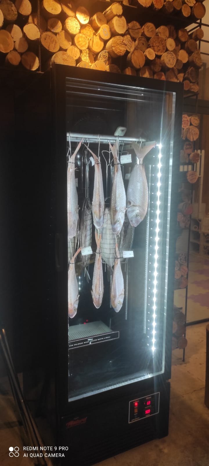 Peixes suspensos em ambiente controlado, valorizando o trabalho de tempo e umidade.