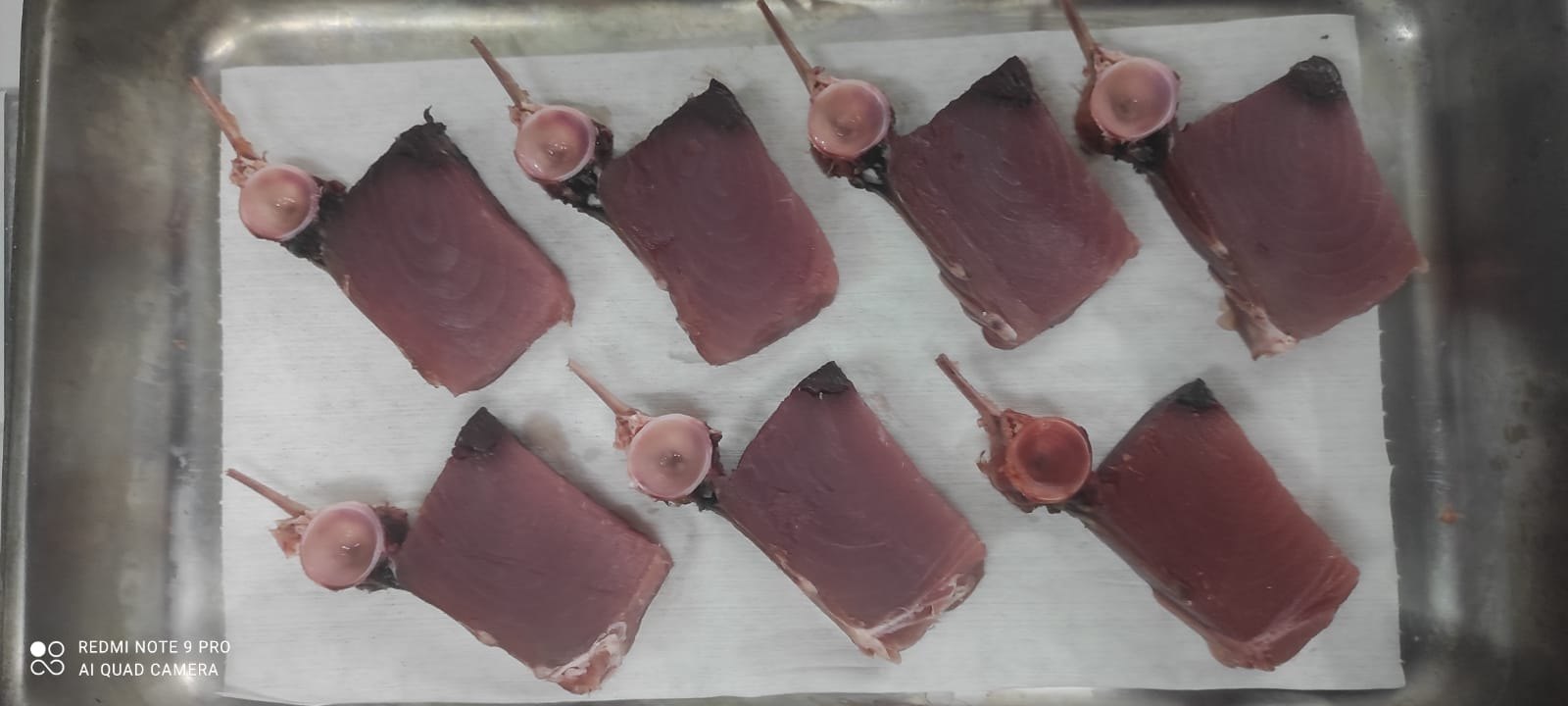 Filé e cortes preparados para cura, com foco em superfície limpa e manipulação precisa.